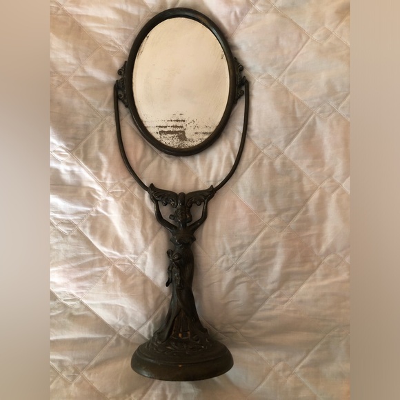 Antique Cast Metal Art Nouveau Woman Figure Tilting Table Vanity Mirror